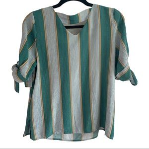 Amaryllis green vertical striped slit sleeve tie cutout blouse